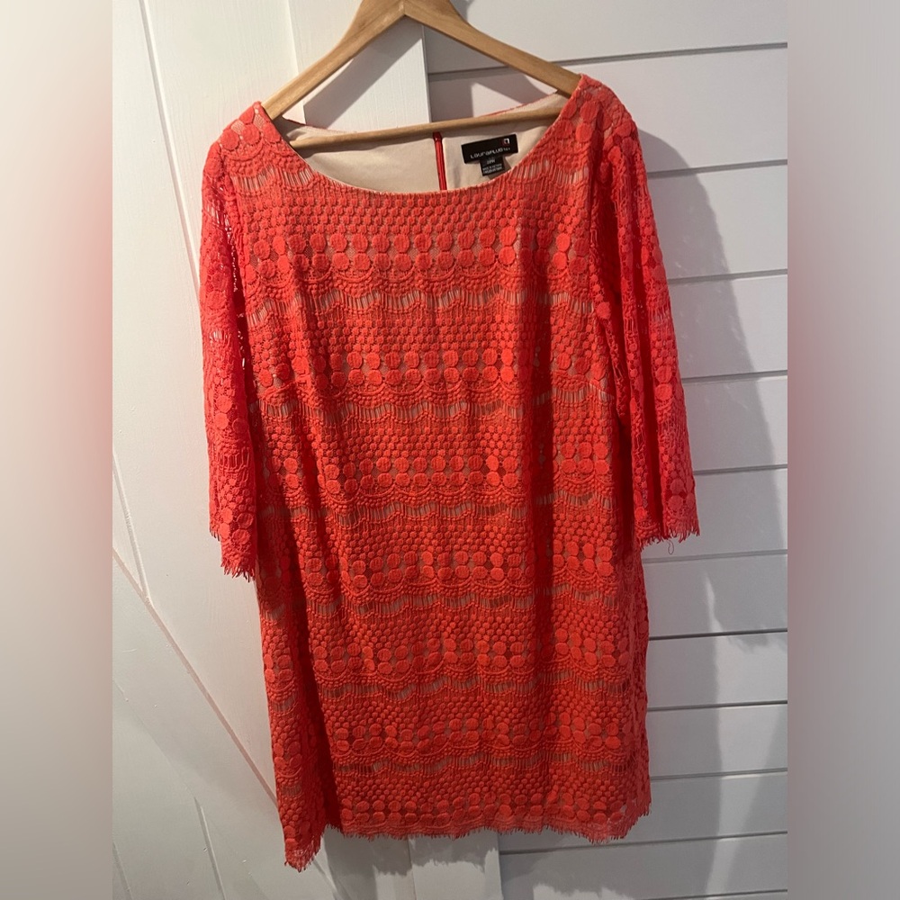 Laura Plus Coral Overlay Shear Lace shift dress with 3/4 length Boho fringe